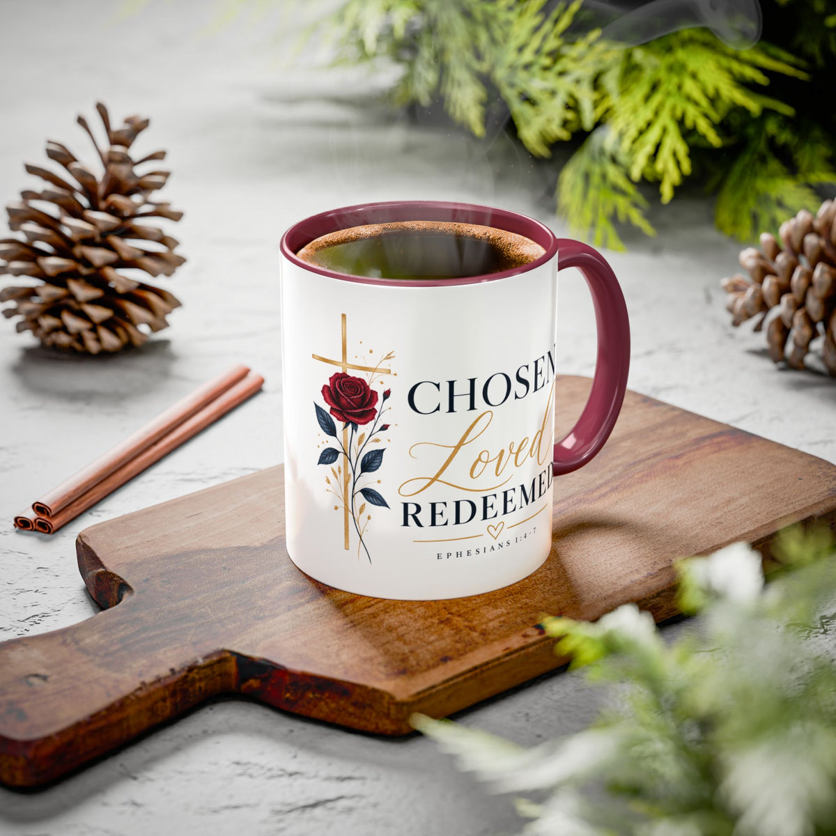 Chosen, Loved & Redeemed Burgundy Accent Mug – Ephesians 1:4–7